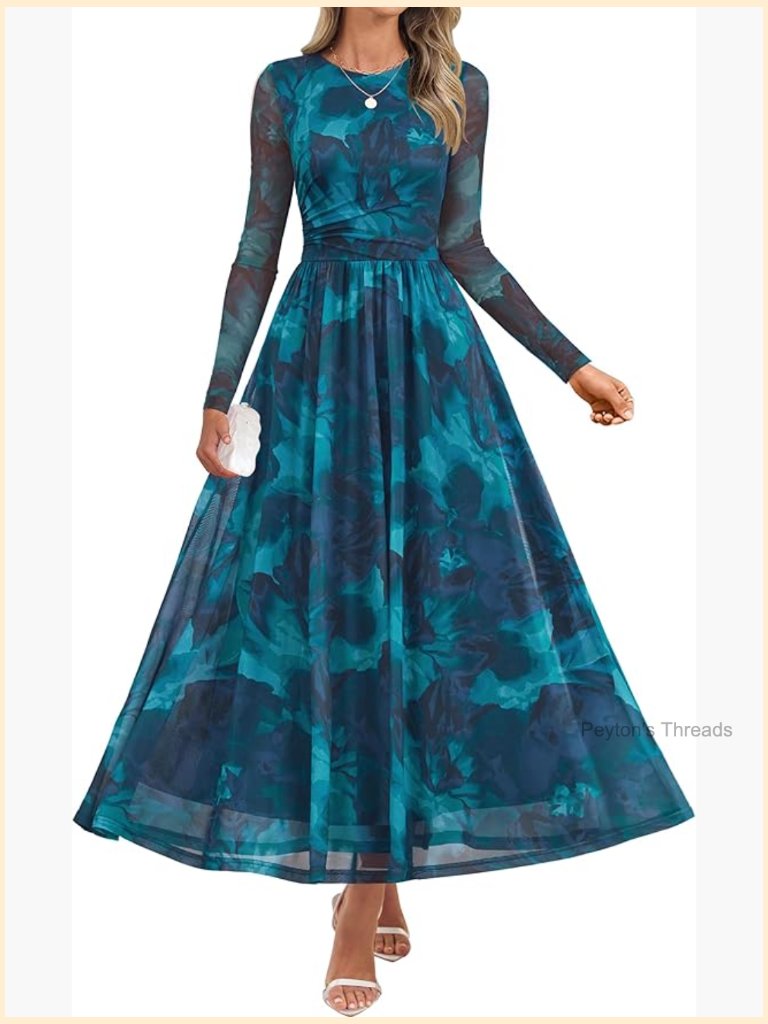 Long Sleeve Crewneck Floral Print Mesh Ruched Maxi Dress Party Wedding
